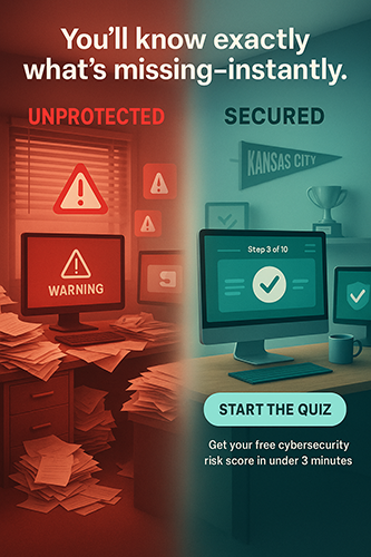 Visual showing a cluttered, unprotected office vs. a secured, organized workspace promoting a Kansas City small business cybersecurity risk quiz.