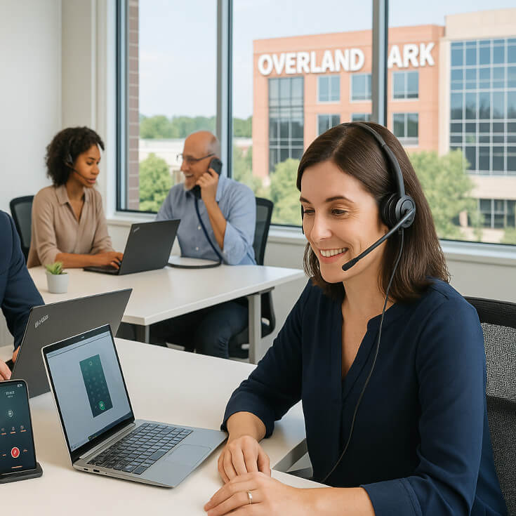 Business team using VoIP phone system in Overland Park office