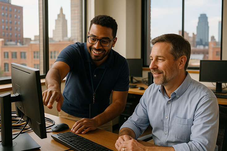 Local IT technician helping small business in Kansas City office