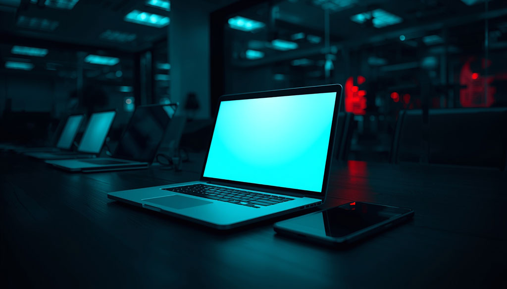 Wiped laptop screen representing Stryker cyberattack and Microsoft 365 security risks for Kansas City small businesses