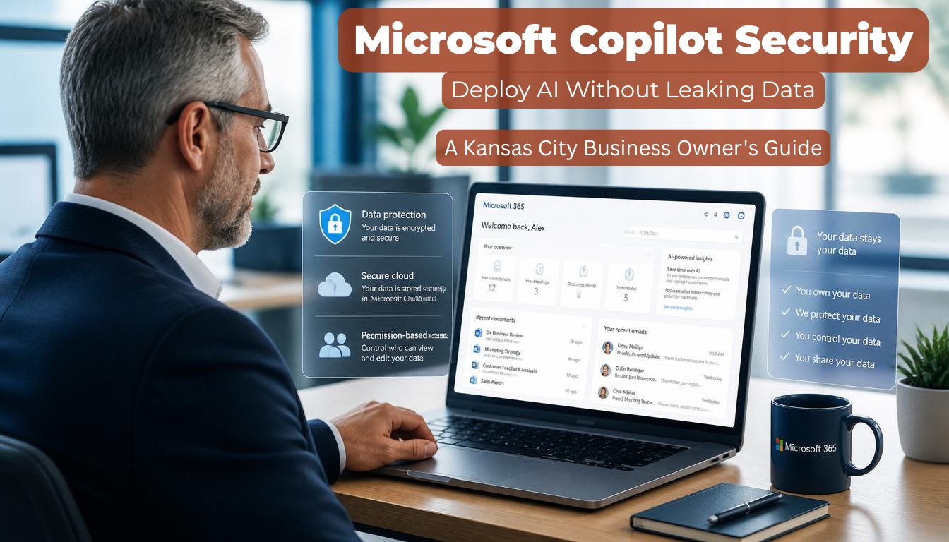 Microsoft Copilot security guide for Kansas City businesses showing secure AI deployment and Microsoft 365 data protection